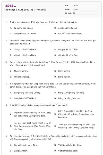 Đề thi Học kì 1 Lịch Sử 12 (Đề 1 - có đáp án)