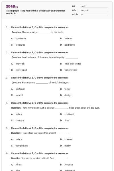 Trắc nghiệm Tiếng Anh 6 Unit 9 Vocabulary and Grammar có đáp án