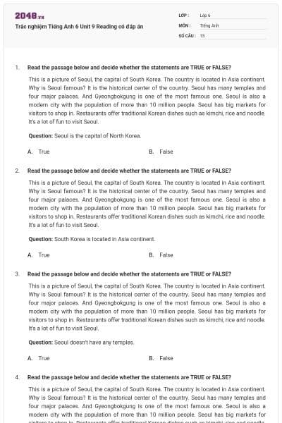 Trắc nghiệm Tiếng Anh 6 Unit 9 Reading có đáp án