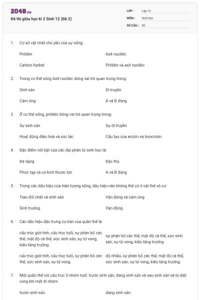 Đề thi giữa học kì 2 Sinh 12 (Đề 2)