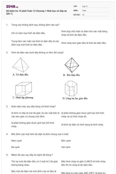 Đề kiểm tra 15 phút Toán 12 Chương 1 Hình học có đáp án (Đề 1)