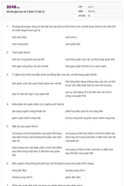 Đề thi giữa học kì 2 Sinh 12 (Đề 3)