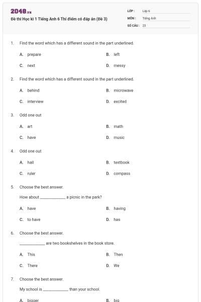 Đề thi Học kì 1 Tiếng Anh 6 Thí điểm có đáp án (Đề 3)