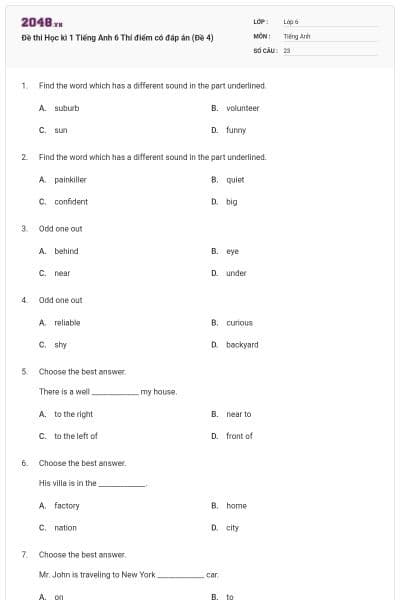 Đề thi Học kì 1 Tiếng Anh 6 Thí điểm có đáp án (Đề 4)