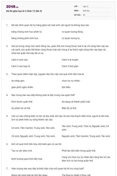 Đề thi giữa học kì 2 Sinh 12 (Đề 4)