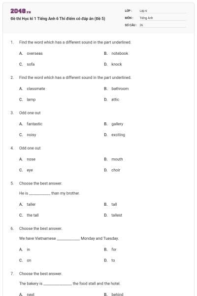 Đề thi Học kì 1 Tiếng Anh 6 Thí điểm có đáp án (Đề 5)