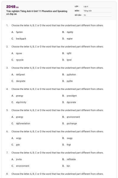 Trắc nghiệm Tiếng Anh 6 Unit 11 Phonetics and Speaking có đáp án