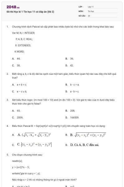 Đề thi Học kì 1 Tin học 11 có đáp án (Đề 2)
