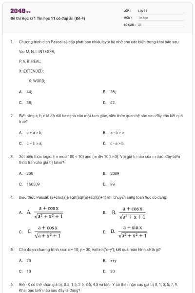 Đề thi Học kì 1 Tin học 11 có đáp án (Đề 4)