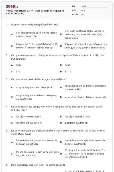10 câu Trắc nghiệm Vật lý 11 Các đề kiểm tra 15 phút có đáp án (đề số 10)