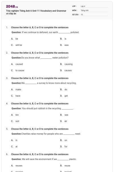 Trắc nghiệm Tiếng Anh 6 Unit 11 Vocabulary and Grammar có đáp án