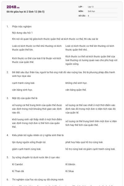 Đề thi giữa học kì 2 Sinh 12 (Đề 5)
