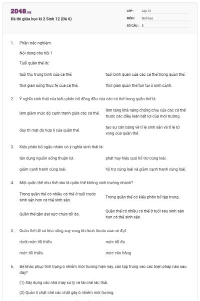 Đề thi giữa học kì 2 Sinh 12 (Đề 6)