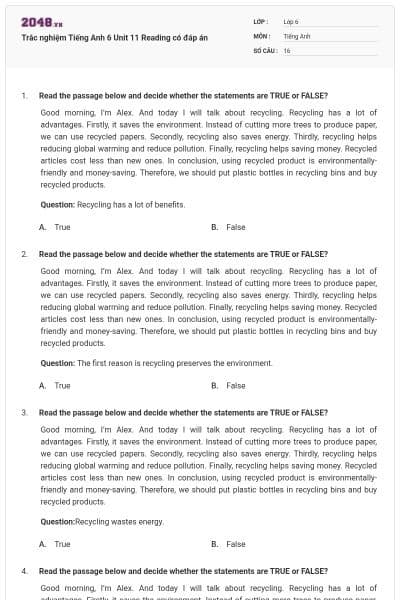 Trắc nghiệm Tiếng Anh 6 Unit 11 Reading có đáp án