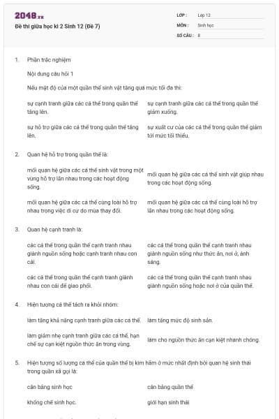 Đề thi giữa học kì 2 Sinh 12 (Đề 7)