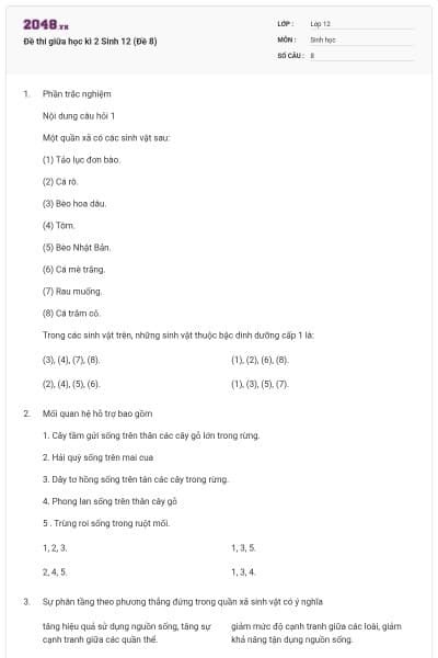 Đề thi giữa học kì 2 Sinh 12 (Đề 8)