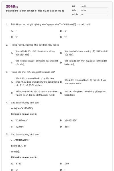 Đề kiểm tra 15 phút Tin học 11 Học kì 2 có đáp án (Đề 3)