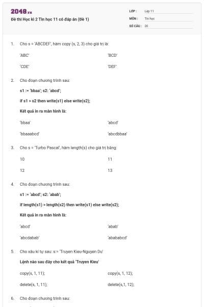 Đề thi Học kì 2 Tin học 11 có đáp án (Đề 1)