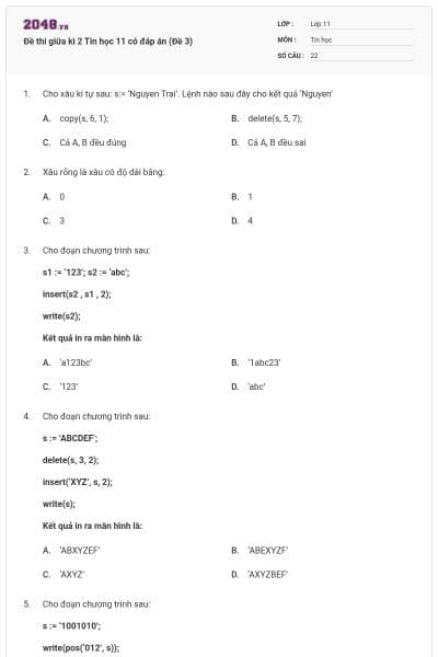 Đề thi giữa kì 2 Tin học 11 có đáp án (Đề 3)