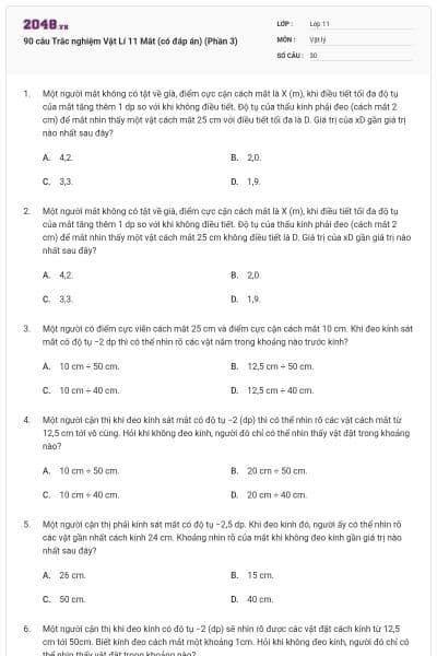 90 câu Trắc nghiệm Vật Lí 11 Mắt (có đáp án) (Phần 3)