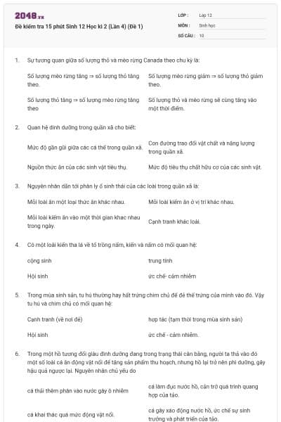 Đề kiểm tra 15 phút Sinh 12 Học kì 2 (Lần 4) (Đề 1)