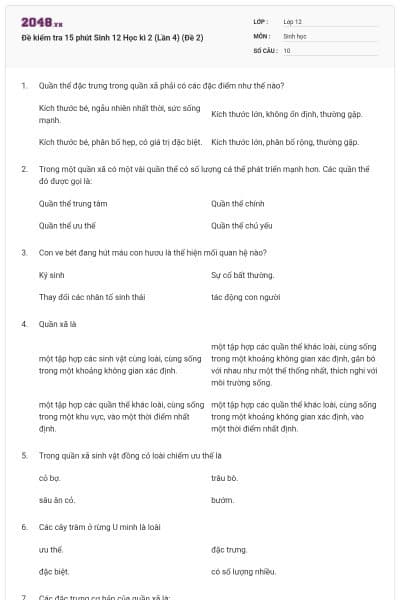 Đề kiểm tra 15 phút Sinh 12 Học kì 2 (Lần 4) (Đề 2)