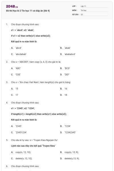 Đề thi Học kì 2 Tin học 11 có đáp án (Đề 4)