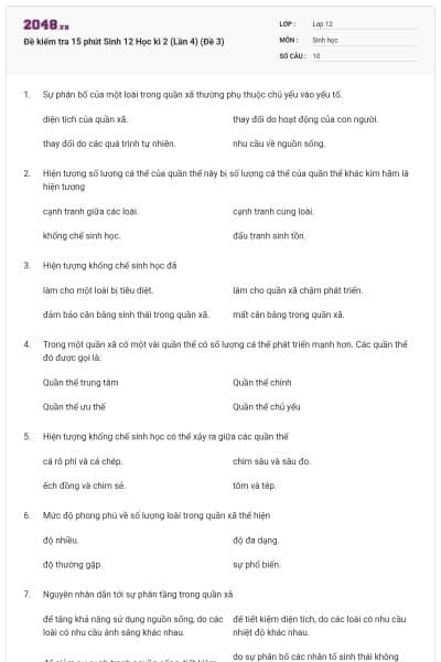 Đề kiểm tra 15 phút Sinh 12 Học kì 2 (Lần 4) (Đề 3)