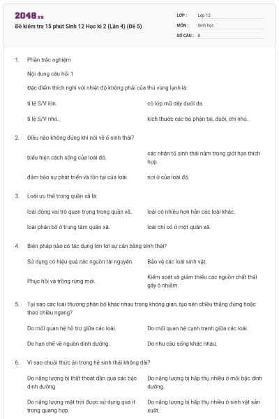 Đề kiểm tra 15 phút Sinh 12 Học kì 2 (Lần 4) (Đề 5)