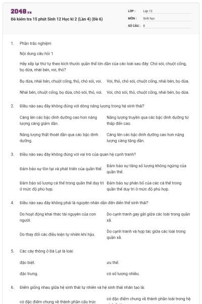 Đề kiểm tra 15 phút Sinh 12 Học kì 2 (Lần 4) (Đề 6)