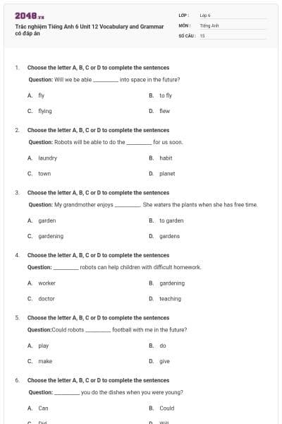Trắc nghiệm Tiếng Anh 6 Unit 12 Vocabulary and Grammar có đáp án