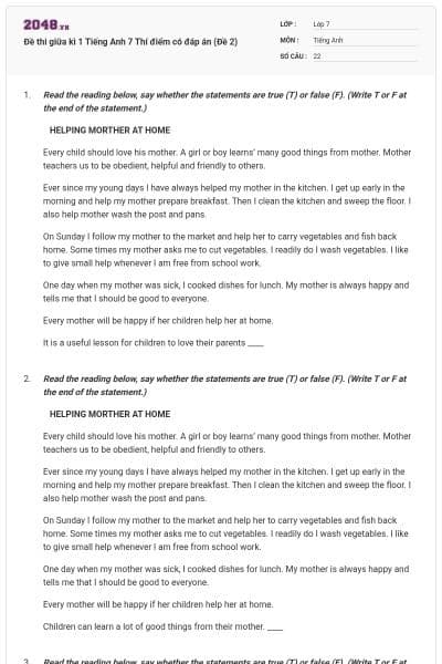 Đề thi giữa kì 1 Tiếng Anh 7 Thí điểm có đáp án (Đề 2)