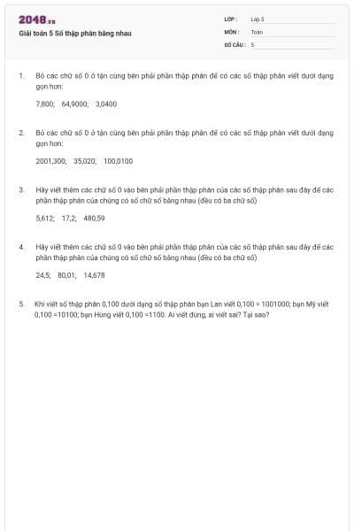 Giải toán 5 Số thập phân bằng nhau