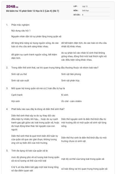 Đề kiểm tra 15 phút Sinh 12 Học kì 2 (Lần 4) (Đề 7)