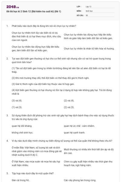 Đề thi học kì 2 Sinh 12 (Bài kiểm tra cuối kì) (Đề 1)