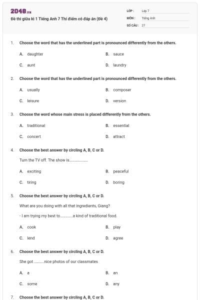 Đề thi giữa kì 1 Tiếng Anh 7 Thí điểm có đáp án (Đề 4)