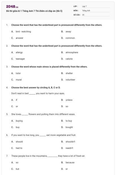 Đề thi giữa kì 1 Tiếng Anh 7 Thí điểm có đáp án (Đề 5)