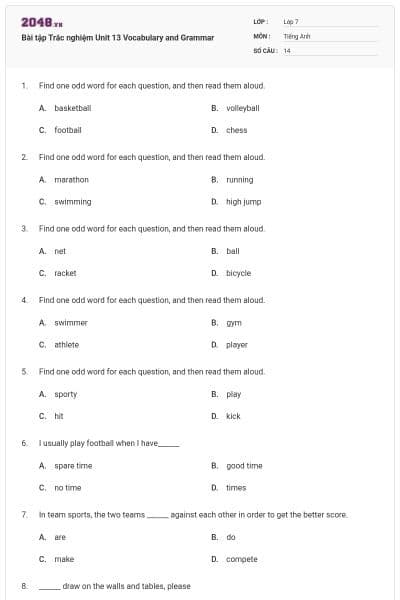 Bài tập Trắc nghiệm Unit 13 Vocabulary and Grammar