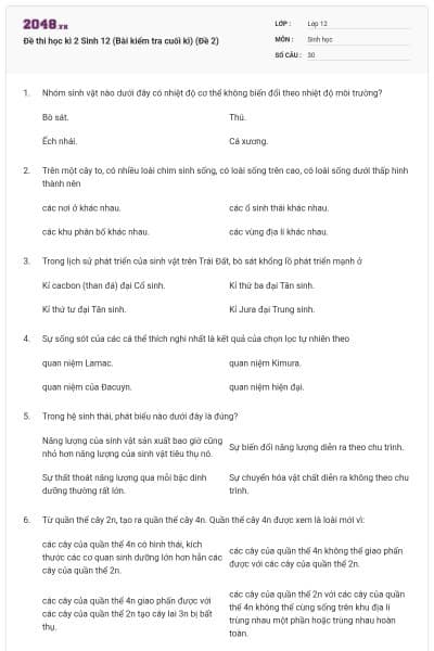 Đề thi học kì 2 Sinh 12 (Bài kiểm tra cuối kì) (Đề 2)