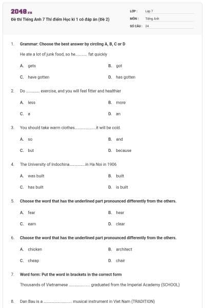 Đề thi Tiếng Anh 7 Thí điểm Học kì 1 có đáp án (Đề 2)