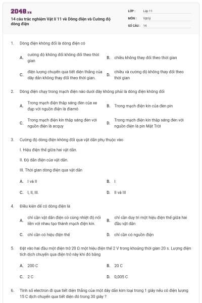 14 câu trắc nghiệm Vật lí 11 về Dòng điện và Cường độ dòng điện