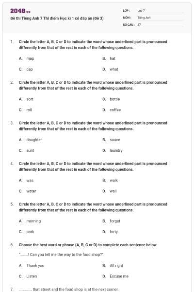Đề thi Tiếng Anh 7 Thí điểm Học kì 1 có đáp án (Đề 3)