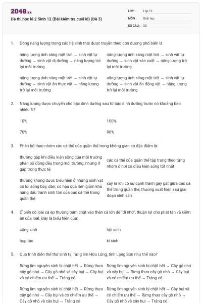 Đề thi học kì 2 Sinh 12 (Bài kiểm tra cuối kì) (Đề 3)