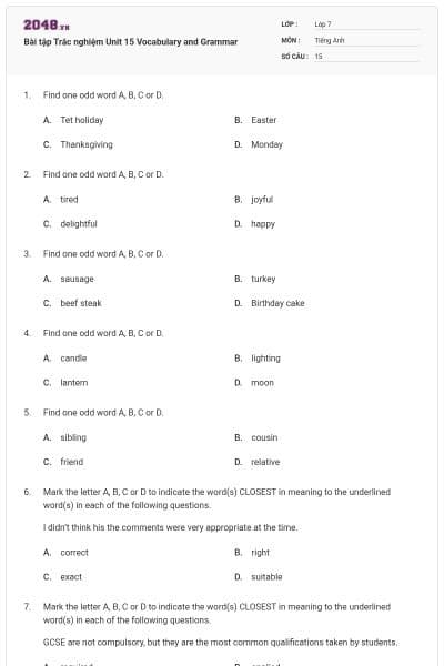 Bài tập Trắc nghiệm Unit 15 Vocabulary and Grammar