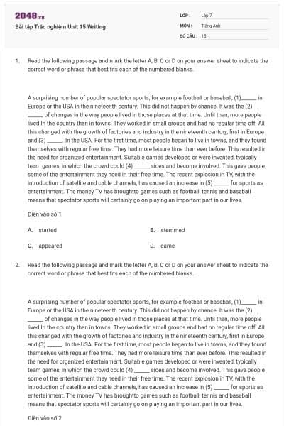 Bài tập Trắc nghiệm Unit 15 Writing