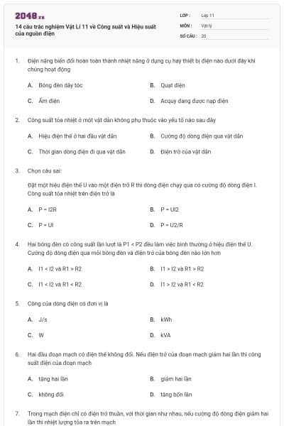 14 câu trắc nghiệm Vật Lí 11 về Công suất và Hiệu suất của nguồn điện