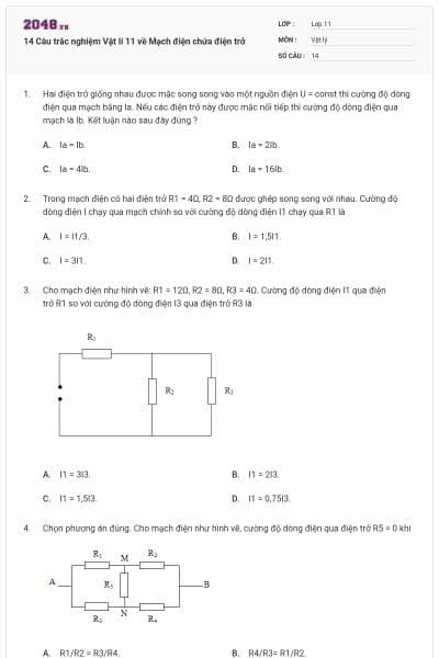 14 Câu trắc nghiệm Vật lí 11 về Mạch điện chứa điện trở