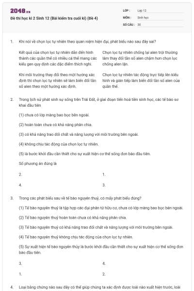 Đề thi học kì 2 Sinh 12 (Bài kiểm tra cuối kì) (Đề 4)