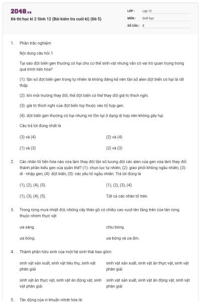 Đề thi học kì 2 Sinh 12 (Bài kiểm tra cuối kì) (Đề 5)