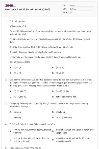 Đề thi học kì 2 Sinh 12 (Bài kiểm tra cuối kì) (Đề 5)